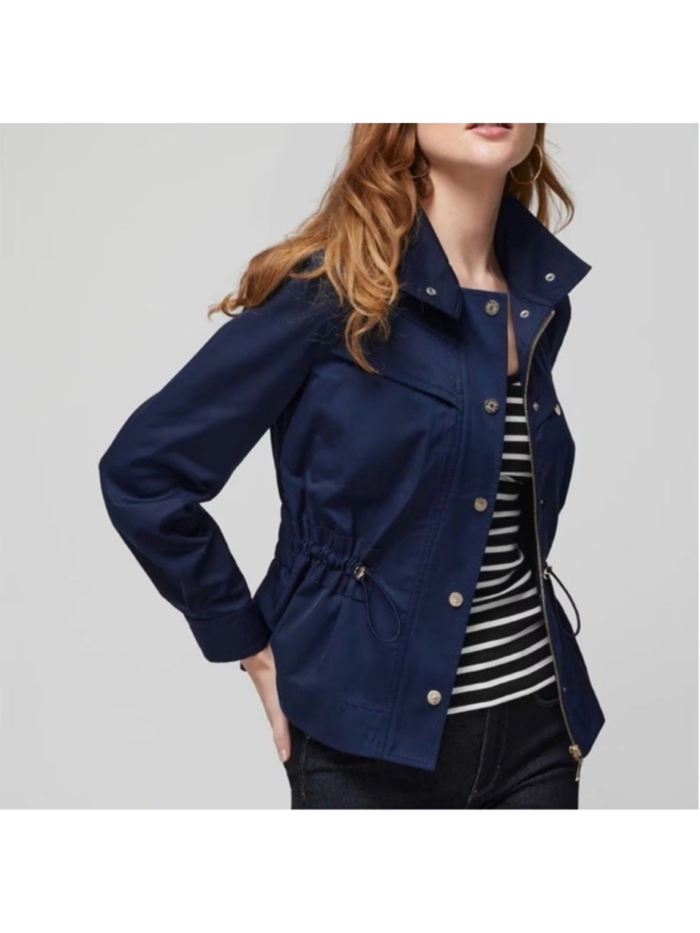 New White House Black Market Luxe Stretch Safari Jacket Size:XS Navy Blue